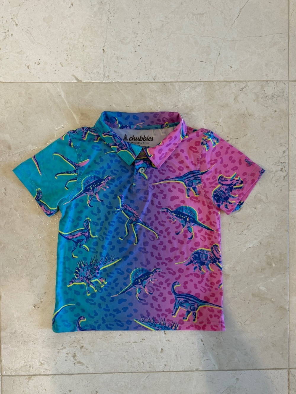 Chubbies Boys Dinosaur Polo Shirt Size 6 Blue Pink Performance Stretch Golf Prep